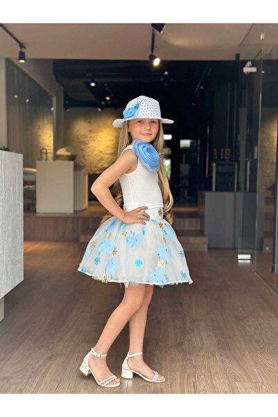 ugurbocegicocukdunyası Set pentru fetiță, cu un singur umăr, broșă cu trandafiri, model jacquard, cu fustă, set 3 piese, pălărie/bluză/fustă