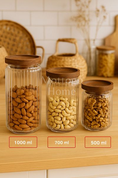 Mottogo Acacia Lid Glass Jar Set (500 ml - 700 ml - 1000 ml)