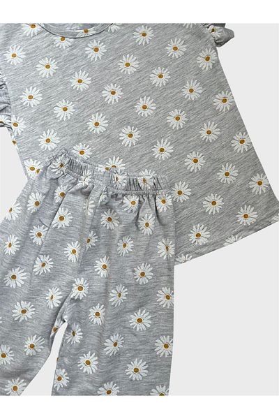 ALİŞ KİDS Girl's Cotton Gray Color Daisy Patterned Short Sleeve Summer Shorts Pajama Set