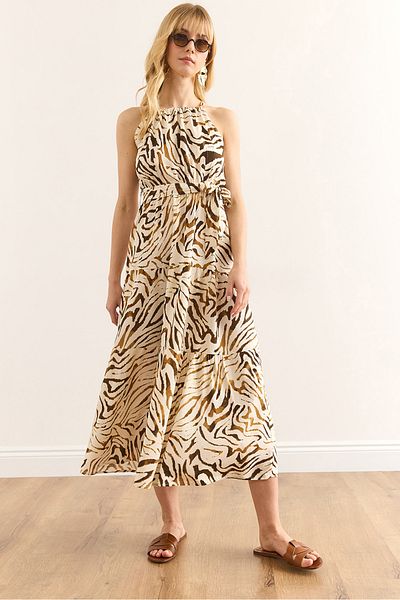 Olalook Women's Zebra Brown Beige Halter Collar Belted Woven Viscon Dress Elb-19001548