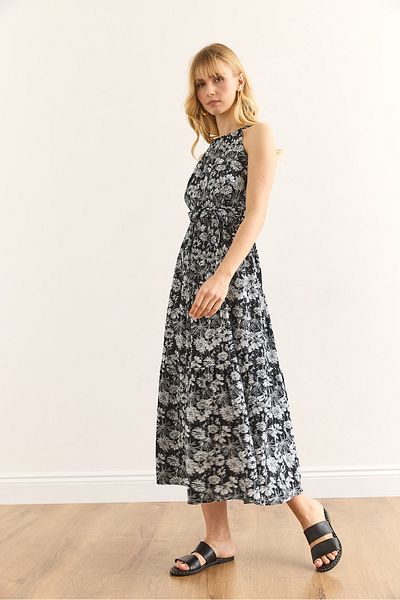 Olalook Γυναικείο Μαύρο Floral Halter Λαιμόκοψη Ζώνη Υφαντό Φόρεμα Viscon ELB-19001548