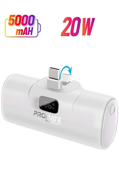 Promate Power Bank 5000mAh with Built-in USB-C Connector, Fast Charging, 20W USB-C Power Delivery, L
