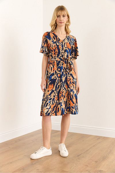 Olalook Women Leopard Multicolor V Neck Belted Woven Mini Shirt Dress Elb-19002380