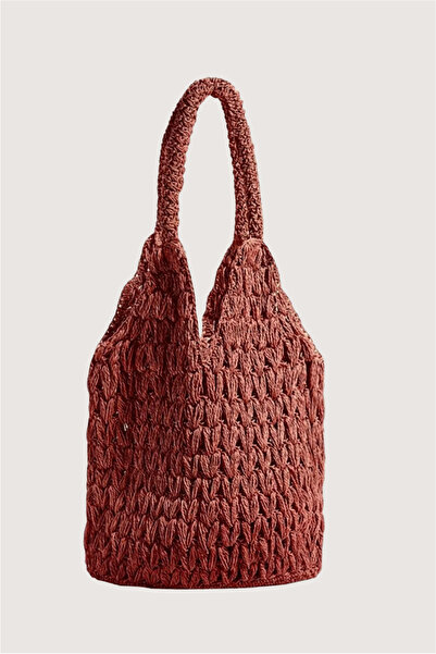 TOM SHOP Bordo Renk Kadın El Yapımı Kağıt Ip Örgü Günlük Omuz Çantası-delikli...