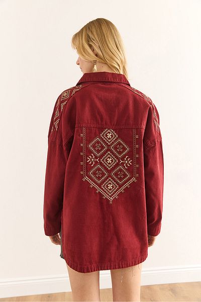 Olalook Jachetă de damă din bumbac gabardină cu umăr și spate broderie bordeaux CKT-19000430