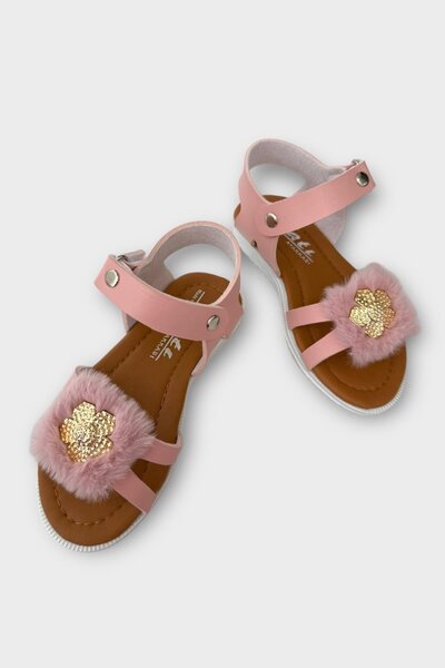 Liger Girl's Sandals - Velcro, Plush Bow, PUDRA