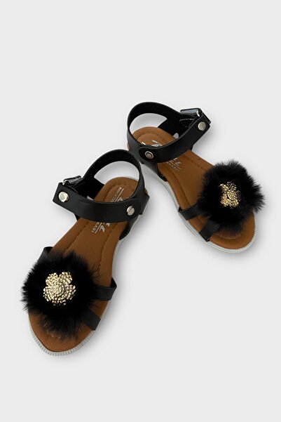 Liger Black Plush Bow Sandals for Girl - Velcro