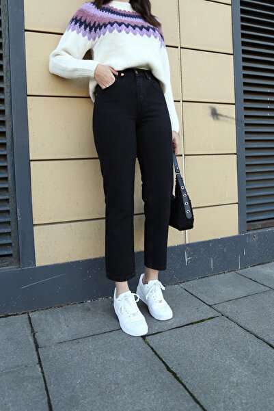 JILLY Pantaloni de damă May Black cu talie înaltă Soft Touch Relaxed Fit Mom Jean