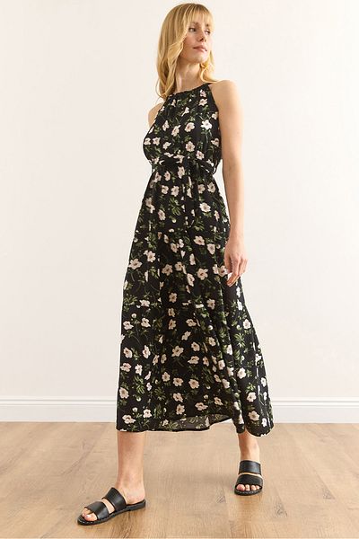 Olalook Γυναικείο Μαύρο Λευκό Floral Halter Λαιμόκοψη Ζώνη Υφαντό Φόρεμα Viscon ELB-19001548