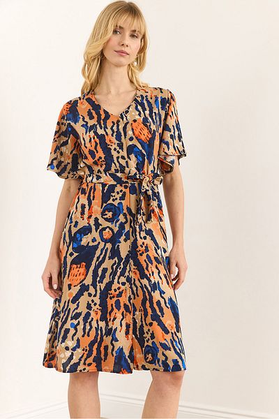 Olalook Women Leopard Multicolor V Neck Belted Woven Mini Shirt Dress Elb-19002380