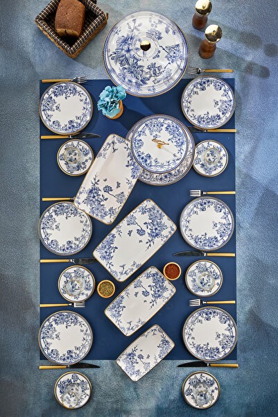 Mabeyn 25 Parça Seramik Pasta Çay Sunum Tabağı Seti Mavi