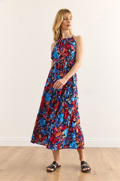 Olalook Rochie de damă, albastru, roșu, cu guler cu halter, cu centură, țesută din viscoză ELB-19001548