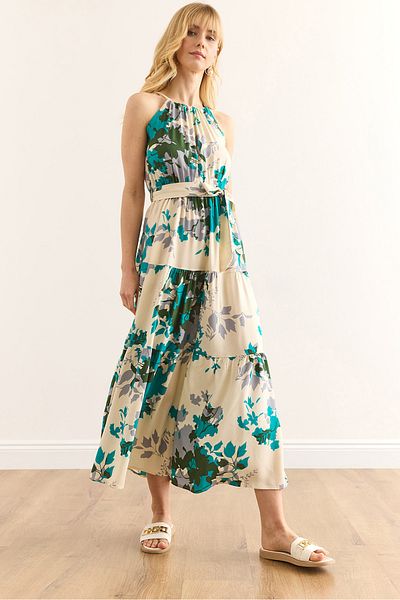 Olalook Γυναικείο φόρεμα Ecru Blue Green Halter με ζωσμένο γιακά με ζωσμένο βισκόζη ELB-19001548