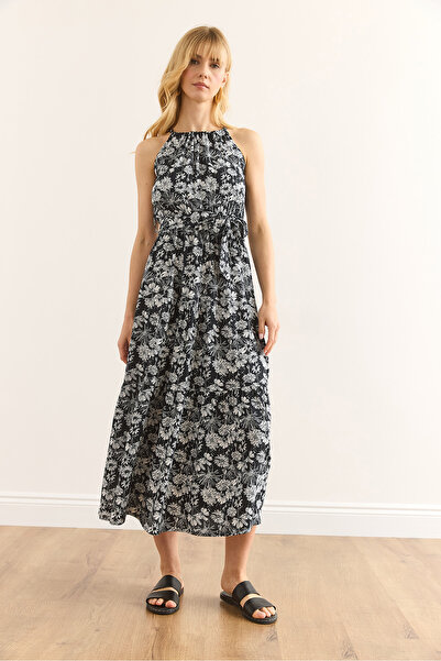 Olalook Women's Black Floral Halter Neck Belted Woven Viscon Dress Elb-19001548