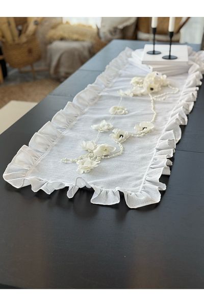 KaiHome Cărucior dreptunghiular cu volane Heryeri din in alb strălucitor 50CMX150CM