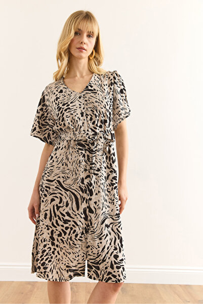 Olalook Γυναικείο Leopard Μαύρο V λαιμόκοψη Μίνι πουκάμισο φόρεμα ELB-19002380