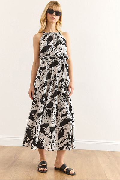 Olalook Rochie de damă, albă, geometrică, cu guler Halter, cu centură, țesută din viscoză ELB-19001548