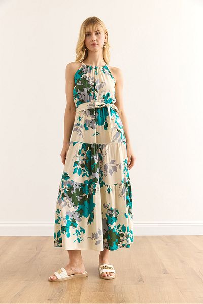 Olalook Γυναικείο φόρεμα Ecru Blue Green Halter με ζωσμένο γιακά με ζωσμένο βισκόζη ELB-19001548