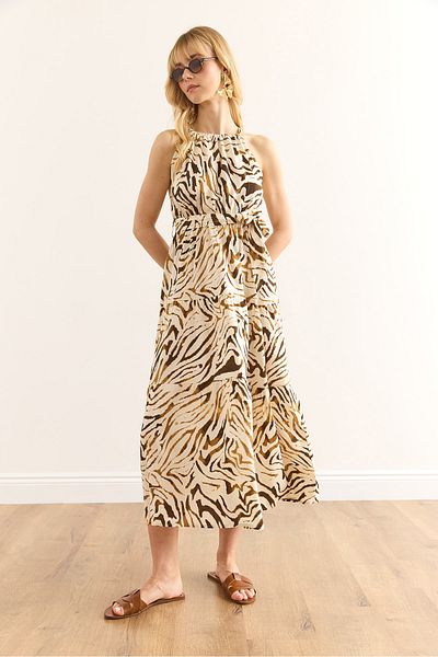 Olalook Women's Zebra Brown Beige Halter Collar Belted Woven Viscon Dress Elb-19001548