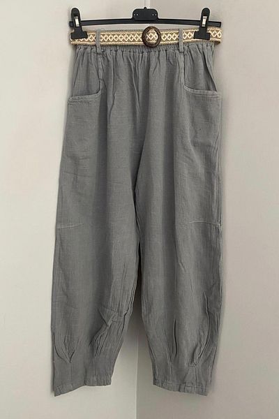 AYASOFYA OTANTIK Women's Gray Elastic Waist Belt Detailed Cotton Linen Trousers with Cuffed Legs and Pockets