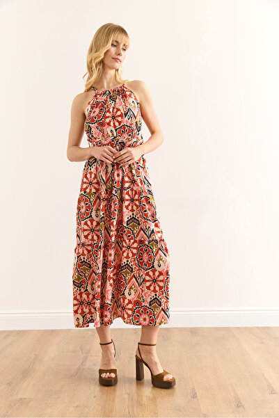 Olalook Women's Geometric Pink Halter Neck Belted Woven Viscon Dress Elb-19001548