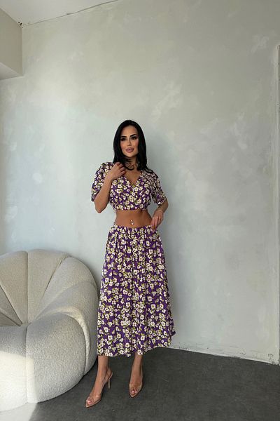 LİLA İSTANBUL V-Neck Viscose Fabric Floral Patterned Skirt Suit Summer Dress