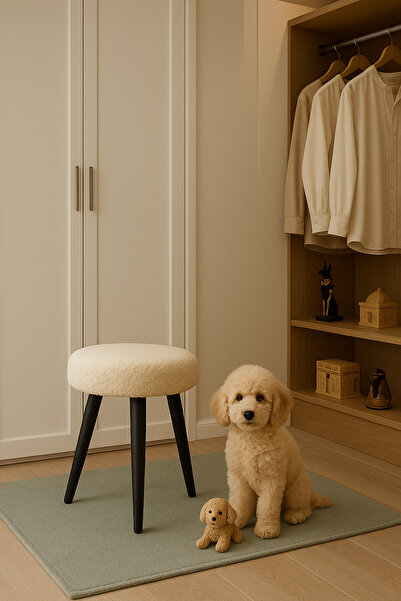 decosense Cozy Peluş Puf Dekoratif Ahşap 3 Siyah Ayaklı Tabure Şık Konforlu Y...