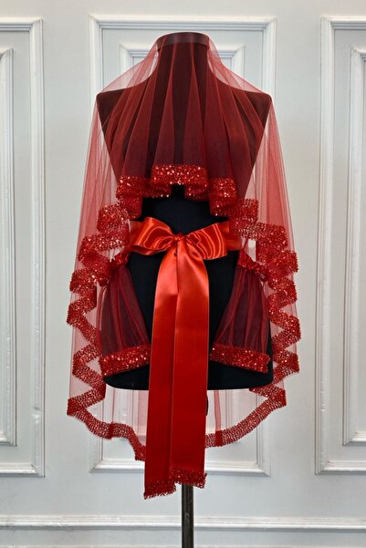 ZEYMERADE Kırmızı Orkide Gelin Duvak Seti, Pullu Boncuklu Su Taşlı Kına Duvağ...