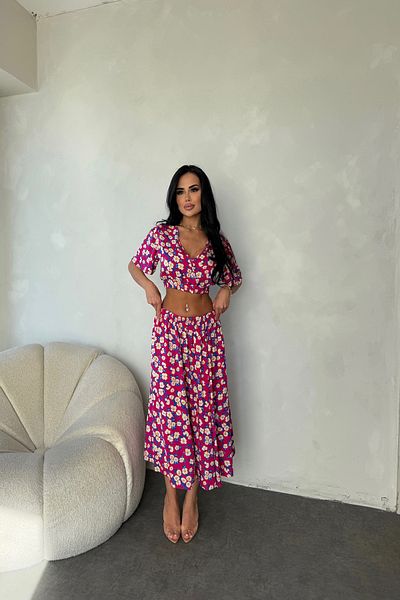 LİLA İSTANBUL V-Neck Viscose Fabric Floral Patterned Skirt Suit Summer Dress