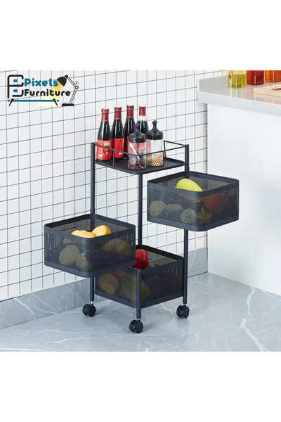 PixelsFurniture رفوف تخزين مطبخ متعدد الطبقات من بكسل الأثاث، رف فولاذي دوار، 3 أدوار, مربع أسود