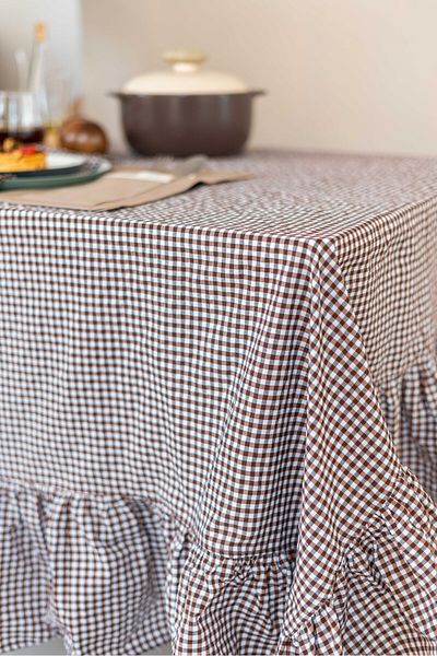 KaiHome Кафява карирана покривка за маса / покривка за пикник с волани 150x150