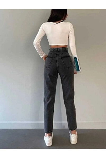 JILLY Pantaloni de damă May, afumati, cu talie înaltă, la atingere moale, cu croiala relaxată, blugi Mom Jean