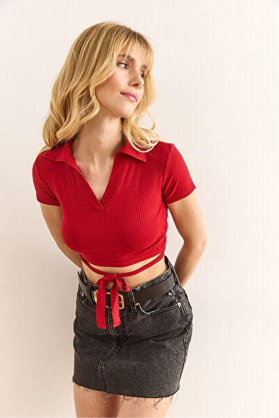 Olalook Women's Red Polo Neck Lacing Detailed Polyviscon Crop Blouse Blz-19002960