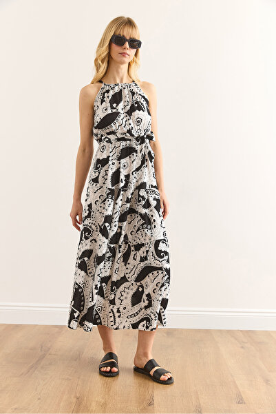 Olalook Women's White Geometric Halter Neck Belted Woven Viscon Dress Elb-19001548