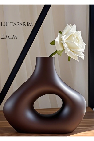 Lui Tasarım Kahverengi koyu Zarif İskandinav Tarzı Sade Seramik Mat beyaz Vazo 20cm