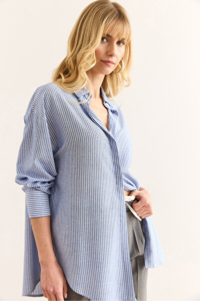 Olalook Cămașă Boyfriend cu dungi albastre pentru femei GML-19001339