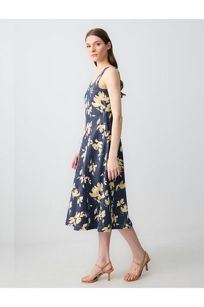 Jimmy Key Navy Blue Square Neck Strap Floral Patterned Woven Midi Dress