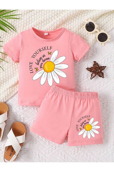 PENTHİLUS Baby Girls Summer Pink 2-Piece Letter Floral Pattern Short Sleeve Outfit Set