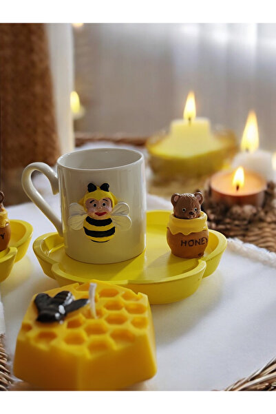 RivelCandle Vız Vız Arı Temalı 1 Kişilik Seramik Kahve Fincan Seti Tabak Mum & Dekoratif Figürlü