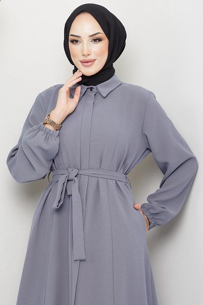 hafsamina Shirt Collar Belted Abaya Gray HM2253