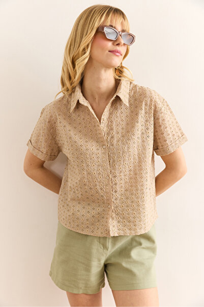 Olalook Women's Stone Double Sleeve Scallop Shirt Gml-19001340