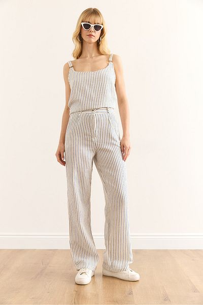 Olalook Pantaloni de damă albastru cu buzunar cu fermoar din muselină cu dungi PNT-19000339