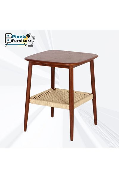 PixelsFurniture Pixel Furniture 2-Tier Square Side Coffee Table with Wood Top, Rattan Bottom Shelf and Metal Ends