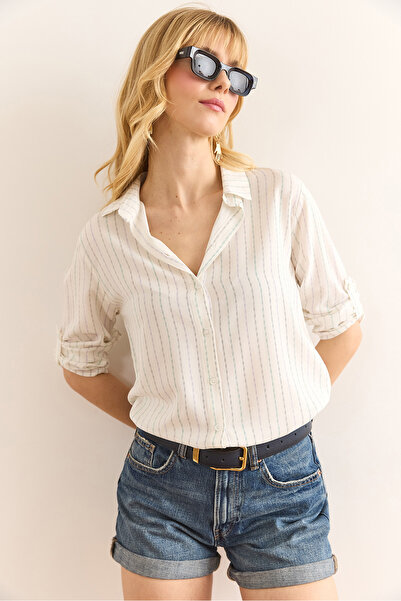 Olalook Women's Green Purple Colored Striped Draped Viscose Shirt Gml-19001341