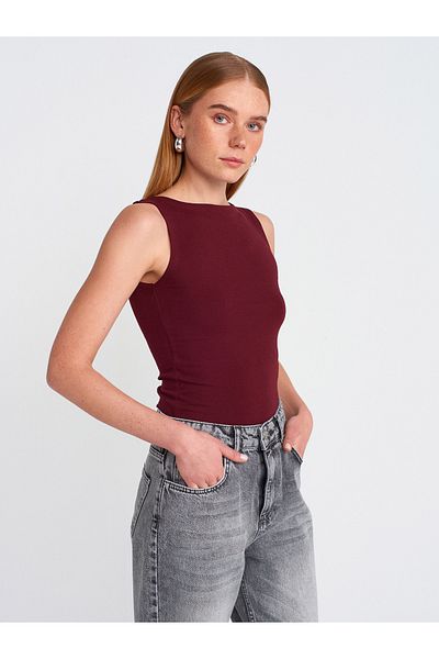 Dilvin 20868 Boat Neck Sleeveless Top-Claret Red
