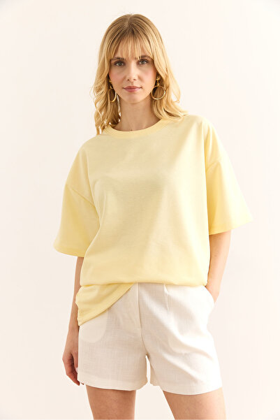 Olalook Γυναικείο κίτρινο μπλουζάκι με στάμπα μπροστινό πίσω μέρος με 2 κλωστές Unisex Oversize TSH-19000696