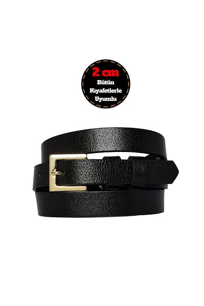 GoDeri 100% Genuine Leather, Gold Color Buckle Thin 2 cm Black Women's Belt; Dress, Trouser Belt_square