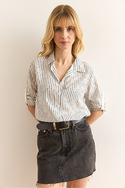 Olalook Women's Black Cut Striped Flowy Viscose Shirt Gml-19001342