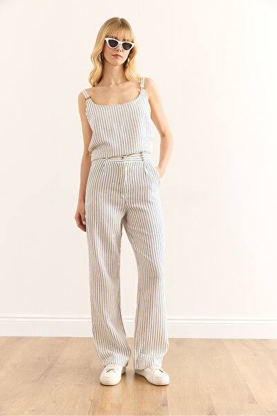 Olalook Kadın Mavi Cepli Fermuarlı Çizgili Müslin Pantolon PNT-19000339