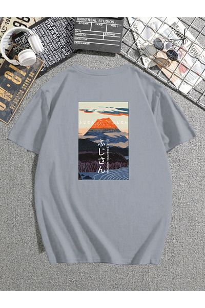 DUBU BUTİK Mount Fuji Printed Painted Gray T-Shirt Oversize Unisex